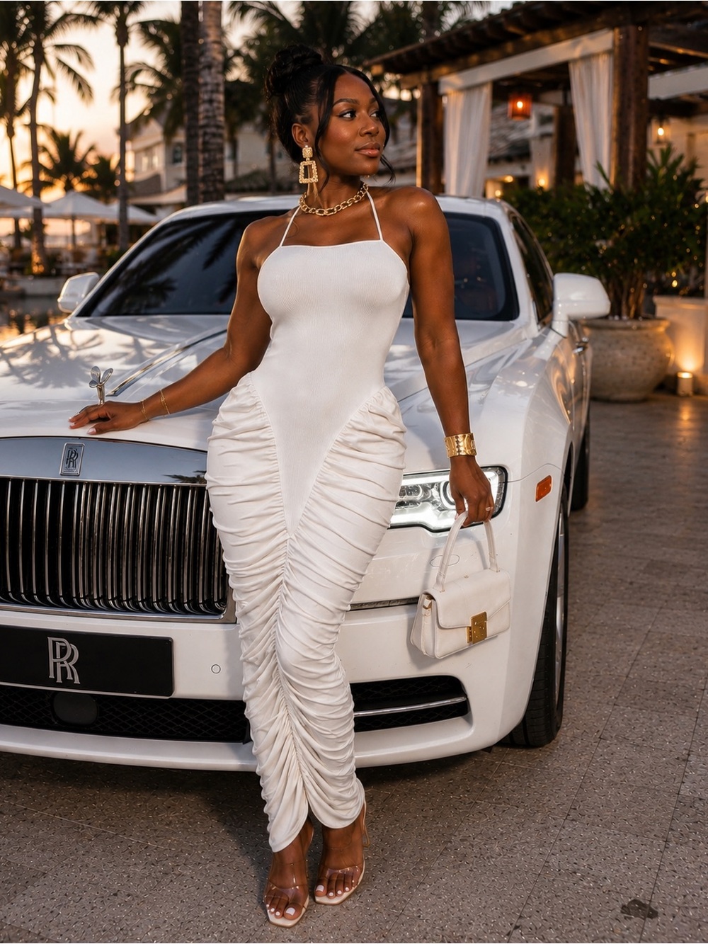 White Ruched Halter Maxi Dress — Sleek Evening Style